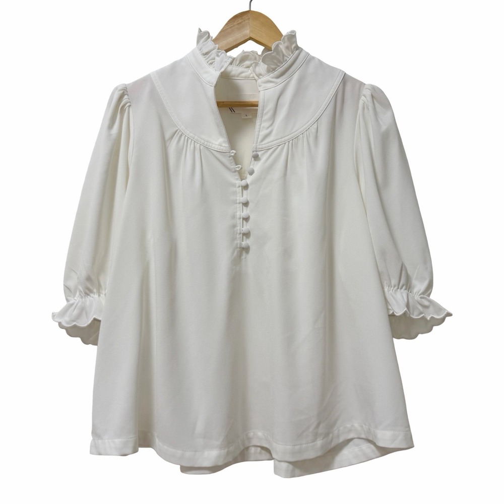 Tuckernuck Pomander Place Selena Puff Sleeve Ruffled Blouse Top Size L White